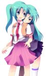 2girls from_behind green_eyes green_hair groping higurashi_no_naku_koro_ni mei multiple_girls siblings sisters skirt sonozaki_mion sonozaki_shion subaru_(yachika) surprised thigh-highs twins you_gonna_get_raped yuri