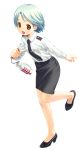  1girl blue_hair blush flat_chest go_go!_japan_self_defense_force_ladies happy high_heels hinata_chihaya koutaro leaning_forward leg_lift military military_uniform miniskirt navy necktie orange_eyes pencil_skirt running shoes short_hair skirt smile solo uniform 