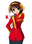  1girl brown_eyes brown_hair gloves military military_uniform milk-candy open_mouth short_hair smile solo suzumiya_haruhi suzumiya_haruhi_no_yuuutsu the_day_of_sagittarius uniform 