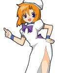  1girl animated animated_gif bangs blonde_hair blue_eyes bow broccoli_(company) dancing ga_rune_pose galaxy_angel galaxy_angel_rune hand_on_hip hat higurashi_no_naku_koro_ni looking_at_viewer lowres orange_hair parody puffy_sleeves ribbon ryuuguu_rena short_hair side_slit simple_background smile solo white_background 