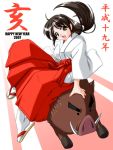  00s 1girl 2007 boar happy_new_year japanese_clothes miko new_year original red_hakama sidesaddle solo tabi tatsumi_rei translated 