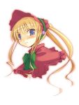  00s 1girl bangs blonde_hair blue_eyes blush bonnet bow bowtie capelet flower frown jirou_(chekoro) long_hair ponytail portrait ribbon rozen_maiden shinku sidelocks solo twintails white_background 