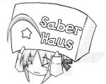  &gt;_&lt; :3 box closed_eyes fate/stay_night fate_(series) lowres monochrome parody saber x3 