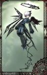  1girl angel belt cross cross_necklace gothic grey_hair halo looking_at_viewer original pfalz short_hair solo striped thorns white_hair wings 