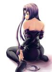  1girl bare_shoulders detached_sleeves dress fate/stay_night fate_(series) from_behind long_hair profile purple_hair rider solo strapless strapless_dress thigh-highs very_long_hair violet_eyes 