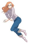  1girl blue_eyes blush denim female footwear full_body glasses jeans minato_fumi orange_hair pants patterned_legwear simple_background socks solo striped striped_legwear sweater 