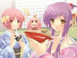  3girls akino_momiji alcohol brown_eyes japanese_clothes kimono kiriyama_sakura long_hair looking_at_viewer multiple_girls new_year pink_hair purple_hair sake sakura_musubi sera_karen shoji short_hair table 