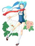  1girl ;d blue_hair chrysanthemum floral_background flower footwear full_body green_eyes name_tag one-piece_swimsuit one_eye_closed open_mouth red_scarf scarf school_swimsuit smile socks solo swimsuit twintails white_legwear 