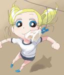 1girl beige_background blonde_hair blue_eyes blue_shoes bubble buruma cartoon_network drill_hair full_body goutokuji_miyako gradient_background gym_uniform jumping lowres mouth_hold oekaki powerpuff_girls powerpuff_girls_z rolling_bubbles shadow shirt shoes short_sleeves simple_background solo sportswear twin_drills twintails white_shirt white_socks