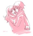  1boy 1girl asahina_mikuru blush closed_eyes couple dated hetero koizumi_itsuki long_hair lowres monochrome pink scarf shared_scarf short_hair smile suzumiya_haruhi_no_yuuutsu 
