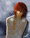  1boy against_wall bishounen male_focus maya_yamada redhead see-through shower solo wet 