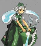  1girl blue_eyes bow dual_wielding female flower frills hair_ribbon hitodama katana konpaku_youmu konpaku_youmu_(ghost) open_mouth ribbon sheath simple_background solo sword tanto tetsu_(kimuchi) touhou weapon white_hair 