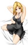  1girl adjusting_hair armpits arms_behind_head barefoot bed bed_sheet big_wednesday black_dress blonde_hair breasts collarbone dress feet large_breasts mouth_hold red_eyes ribbon ribbon_in_mouth sitting solo yokozuwari 