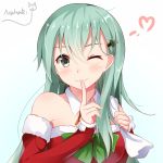  1girl ascot bare_shoulders carrying christmas_tree_hair_ornament detached_sleeves dress finger_to_mouth green_eyes green_hair index_finger_raised kantai_collection long_hair looking_at_viewer off-shoulder_dress off_shoulder red_dress sack signature sin-poi solo suzuya_(kantai_collection) 