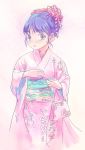  bag blue_eyes blue_hair flower hair_ornament handbag japanese_clothes kimono new_year osamu ribbon smile 