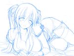  1girl blue breasts cleavage gloves hima large_breasts long_hair lying mabinogi monochrome nao_(mabinogi) open_mouth sketch solo thigh-highs twintails zettai_ryouiki 