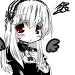  00s 1girl blush blush_stickers lowres monochrome red_eyes rozen_maiden solo spot_color suigintou 