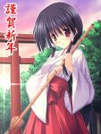  1girl bamboo_broom broom hakama japanese_clothes matsuzaki_tokiko miko new_year red_hakama solo torii 