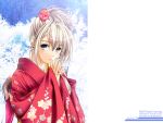  00s 2007 aizawa_kotarou blue_eyes flower hair_flower hair_ornament highres japanese_clothes kimono new_year 