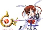  00s 1girl 2006 blue_eyes blush bow brown_hair character_name dated fingerless_gloves gloves hair_ribbon lyrical_nanoha magazine_(weapon) magical_girl mahou_shoujo_lyrical_nanoha open_mouth raising_heart red_bow redhead ribbon rod smile solo staff takamachi_nanoha twintails violet_eyes 