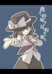  1girl ;) asymmetrical_hair bow brown_eyes brown_hair brown_skirt cowboy_shot fedora female foreshortening ghostly_field_club hair_ribbon hat long_sleeves looking_at_viewer necktie one_eye_closed outstretched_arm red_(artist) red_(red-sight) red_necktie ribbon shirt skirt smile solo text touhou upper_body usami_renko white_shirt wink yellow_eyes 