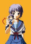  1girl blush bow brown_eyes character_doll doll kouji_(campus_life) nagato_yuki open_mouth purple_hair school_uniform serafuku short_hair silver_hair solo suzumiya_haruhi_no_yuuutsu 