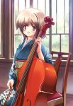  1girl :d brown_eyes brown_hair cello chair hanpen instrument japanese_clothes kimono open_mouth original short_hair sitting smile solo window 