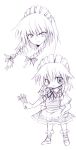  1girl between_fingers bow braid chibi female izayoi_sakuya knife monochrome purple ribbon seo_tatsuya sketch touhou twin_braids weapon 