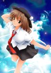  1girl black_skirt bow breasts brown_eyes brown_hair clouds female ghostly_field_club hand_on_headwear hat hat_bow looking_at_viewer necktie outdoors shirt short_hair short_sleeves skirt sky smile solo standing standing_on_one_leg touhou usami_renko white_shirt 