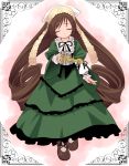  00s 1girl bow brown_hair closed_eyes curly_hair dress drill_hair frills hat holding long_hair long_sleeves mary_janes ribbon rozen_maiden shoes smile solo suiseiseki tatsukichi twin_drills twintails watering_can 
