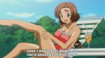  1girl :d amaenaideyo!! barefoot bottle breasts brown_hair casual_one-piece_swimsuit chair clouds dark_skin day drink drinking_glass drinking_straw english eyebrows frilled_swimsuit frills from_side full_body grey_eyes hand_on_own_thigh happy highleg highleg_swimsuit ikuina_sumi impossible_clothes impossible_swimsuit large_breasts leg_up legs looking_down lounge_chair one-piece_swimsuit open_mouth outdoors pink_swimsuit screencap shiny shiny_skin short_hair sitting sky smile solo subtitled sunscreen swimsuit thick_eyebrows thighs tree 