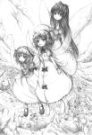  3girls bow clouds cloudy_sky dress fairy_wings female flower flying full_body hair_bow hat hime_cut kurona long_hair long_sleeves luna_child monochrome multiple_girls perfect_memento_in_strict_sense shoes sketch sky star_sapphire sunny_milk touhou wings 