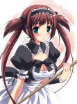  1girl airi_(queen&#039;s_blade) apron bangs bow breasts brown_hair choker cleavage ena_roseo female frills green_eyes large_breasts long_hair maid maid_apron maid_headdress queen&#039;s_blade ribbon simple_background solo wrist_cuffs 