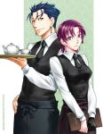  1boy 1girl bazett_fraga_mcremitz blue_hair couple cup earrings fate/hollow_ataraxia fate/stay_night fate_(series) frown hetero jewelry lancer lowres menu necktie red_eyes redhead short_hair single_glove smile tea tea_set teacup waiter waitress 