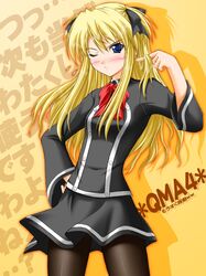  akimoto_dai blonde_hair blue_eyes blush bow hair_ribbon open_mouth pantyhose quiz_magic_academy ribbon shalon wink 