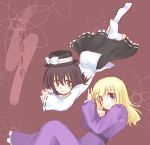  2girls black_hair black_skirt blonde_hair bow brown_hair dress female footwear ghostly_field_club hat hat_ribbon leg_up long_hair long_sleeves looking_at_viewer lying maribel_hearn multiple_girls on_side on_stomach orange_eyes purple_dress ribbon shirt simple_background skirt socks touhou usami_renko violet_eyes white_legwear white_ribbon white_shirt 