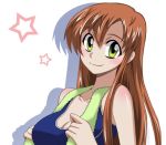  1girl bare_shoulders blush breasts brown_hair cleavage code_geass green_eyes large_breasts long_hair lowres miyakodori_takayuki one-piece_swimsuit orange_hair shirley_fenette simple_background smile solo swimsuit towel wet yellow_eyes 