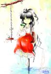  1girl black_hair closed_eyes drink drinking female hair_tubes hakama hakurei_reimu japanese_clothes miko oota_jun&#039;ya red_hakama ribbon sarashi sitting solo touhou 