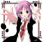  1girl :d blush brown_eyes fang hair_ornament hinamori_amu kantoku necktie open_mouth pink_hair plaid plaid_necktie school_uniform serafuku short_hair shugo_chara! smile solo 