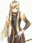  1girl blade blonde_hair blue_eyes brown_hair dress elbow_gloves fujishima_kousuke gloves long_hair official_art smile solo staff tales_of_(series) tales_of_the_abyss tear_grants 
