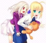  2girls ahoge artoria_pendragon_(all) blonde_hair blouse blush fang fate/stay_night fate_(series) green_eyes illyasviel_von_einzbern multiple_girls pantyhose polka_dot polka_dot_background red_eyes saber stuffed_animal stuffed_toy uni white_hair yuri 