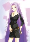  1girl belt dasoku_sentarou fate/stay_night fate_(series) glasses jewelry long_hair necklace purple_hair rider skirt smile solo v-neck very_long_hair violet_eyes 