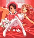  2girls akamatsu_ken bed cross crotch flower indoors legs lily_(flower) love_hina lying multiple_girls narusegawa_naru pantyhose redhead sitting skirt white_legwear 