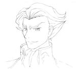  1boy code_geass eyebrows jeremiah_gottwald looking_at_viewer male_focus monochrome parted_lips portrait rodori_gesu simple_background sketch smile smirk solo thick_eyebrows upper_body white_background 
