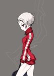  1girl bottomless jersey kazuoki red_eyes short_hair silver_hair solo sweater track_jacket turtleneck zipper 