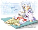  2boys baby brothers inuyasha inuyasha_(character) male_focus multiple_boys pacifier patting_head sesshoumaru siblings sleeping white_hair younger 