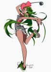  1girl :d arched_back arm_up artist_name ass bare_arms bare_legs dark_skin from_side full_body green_eyes green_hair grey_background grey_shorts hair_ornament holding karabako ladle long_hair looking_at_viewer mallow_(pokemon) no_socks open_mouth outstretched_arm pokemon pokemon_(game) pokemon_sm shoes short_eyebrows shorts simple_background smile solo standing standing_on_one_leg trial_captain twintails very_long_hair 