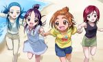  4girls beach blue_eyes blue_hair brown_eyes brown_hair dress futari_wa_precure_splash_star hair_held_back hair_ornament hairclip half_updo hand_holding haruyama_kazunori hyuuga_saki jewelry kiryuu_kaoru kiryuu_michiru long_hair mishou_mai multiple_girls necklace precure purple_hair redhead running short_hair violet_eyes 