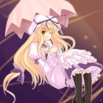  1girl blonde_hair boots dress embellished_costume female kaneru solo touhou umbrella yakumo_yukari 