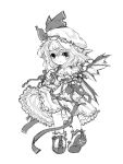  1girl bat_wings bonnet bow dress female flowergarden frills full_body hat hat_ribbon looking_at_viewer mob_cap monochrome remilia_scarlet ribbon shoes short_hair simple_background solo standing touhou wings wrist_cuffs 